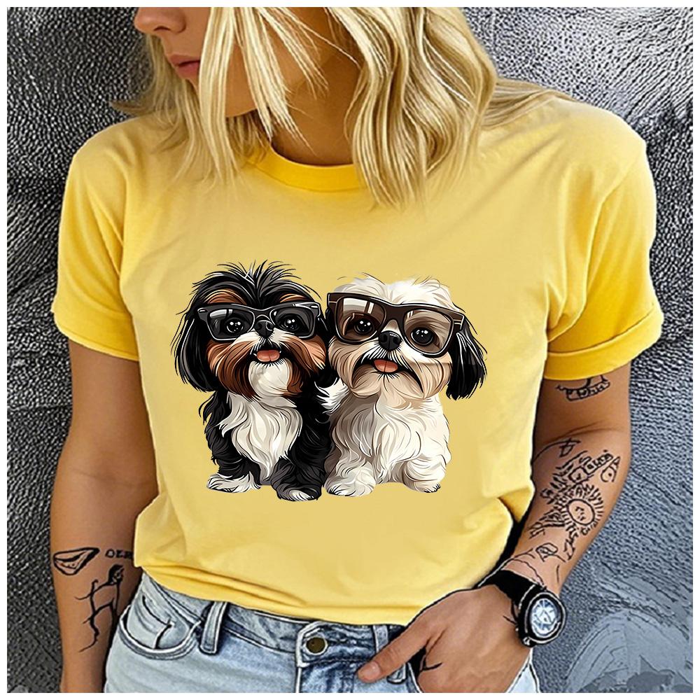 Cotton Cartoon Sunglasses Shih Tzu Pair Print T Shirt Women Lovely Fluffy Puppy Casual Daily Basic Short Sleeve Top