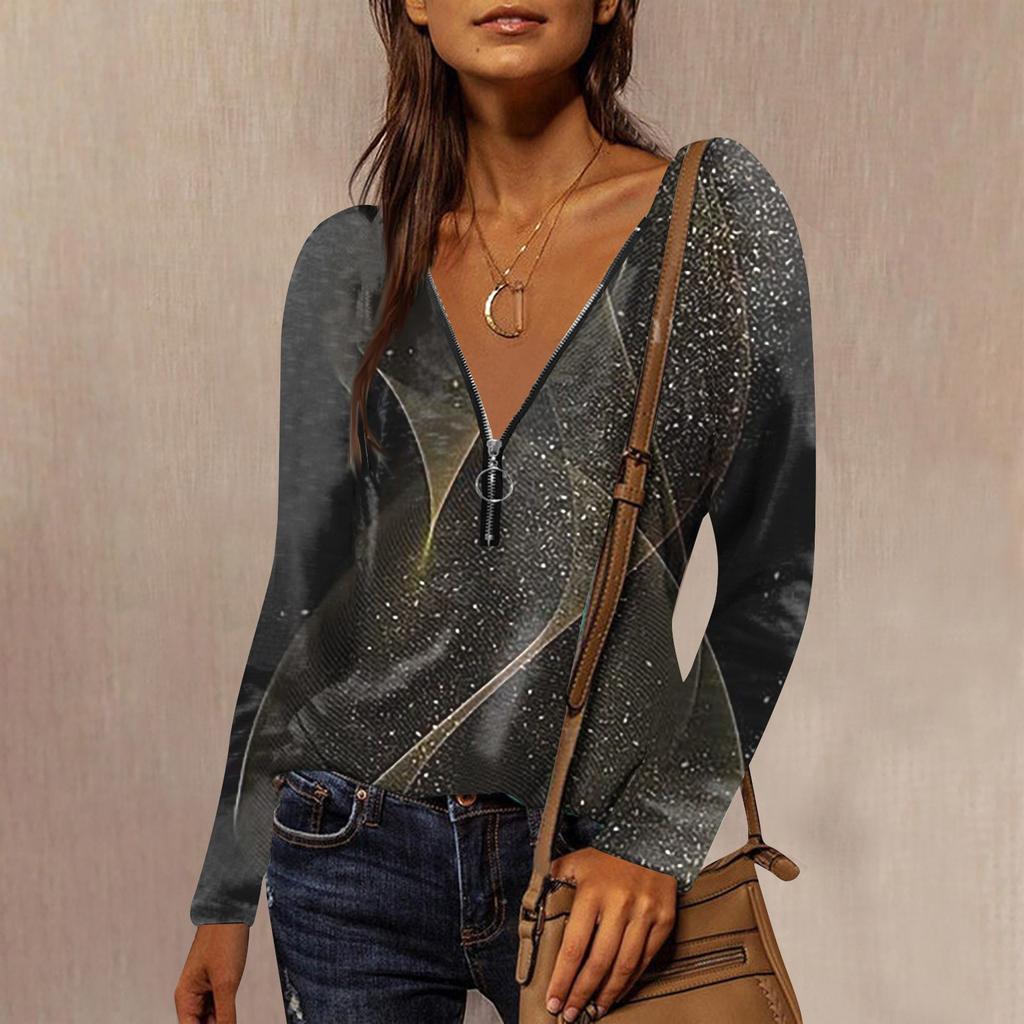 Women's Shirt Blouse Casual Loose Shirts Print Long Sleeve V Neck Zipper T-shirts Tee Pullover Tops