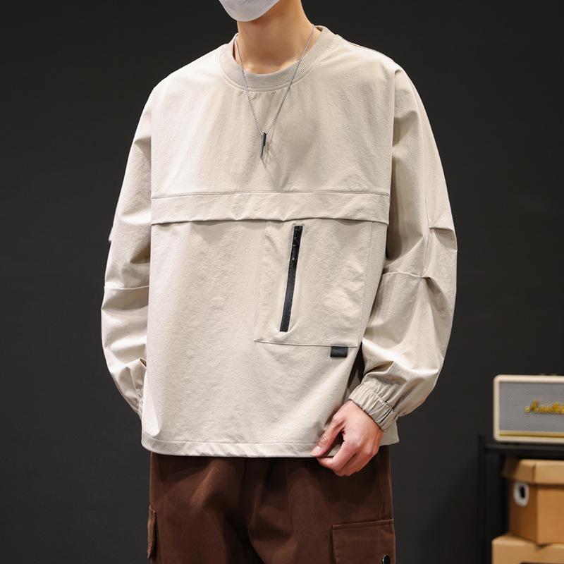 Spring Wear Thin Breathable Zipper Pocket Pullover Hoodie Male Students Loose Casual Long Sleeve T-shirt Elastic Handsome
