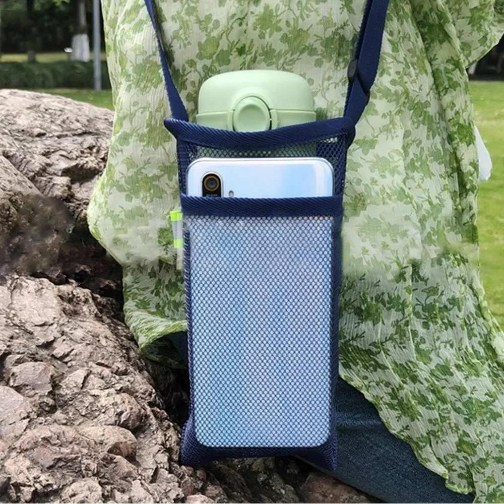 Travel Outdoor Sport Water Bottle Cover Portable Mesh Cup Pouch with Strap Mobile Phone Bag Visible Bag Camping Accessories