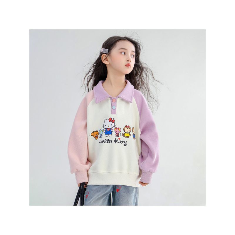 Hello Kitty Girls' Autumn Sweatshirt 2025 New Style Lapel Hello Kitty Cartoon Medium and Large Children's Pullover Girls' Sweatshirt