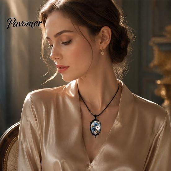 Whimsical Garden Party Accessories Oval Floral Pendant Necklace, Vintage Glass Dome Rose Retro Black Metal Jewelry Adjustable Cord for Women
