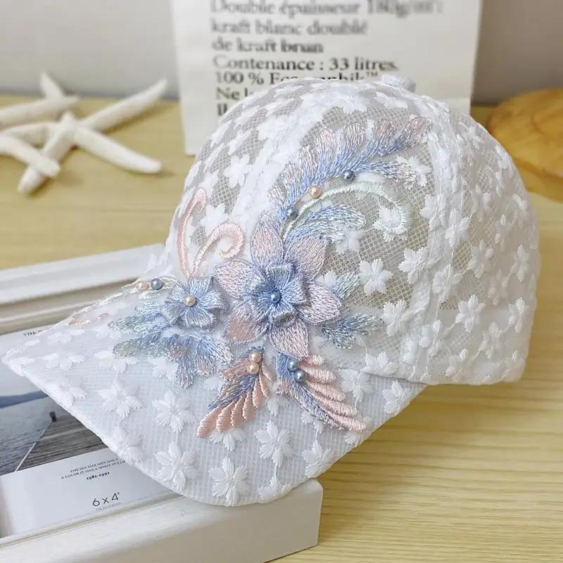 Breathable Summer Thin Lace Baseball Cap Women's Embroidered Flower Mesh Sunshade Hat Korean Style Fashionable Outdoor Cap