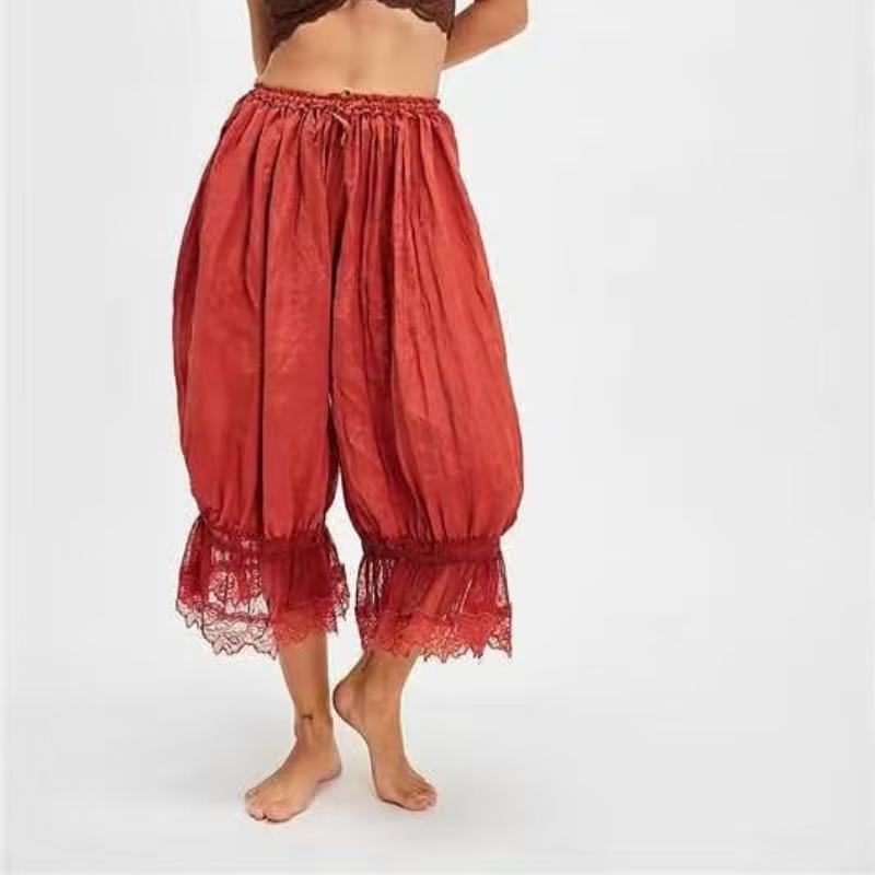 High Waist Wide Leg Pants with Lace Trim, Casual Boho Palazzo Trousers for Women