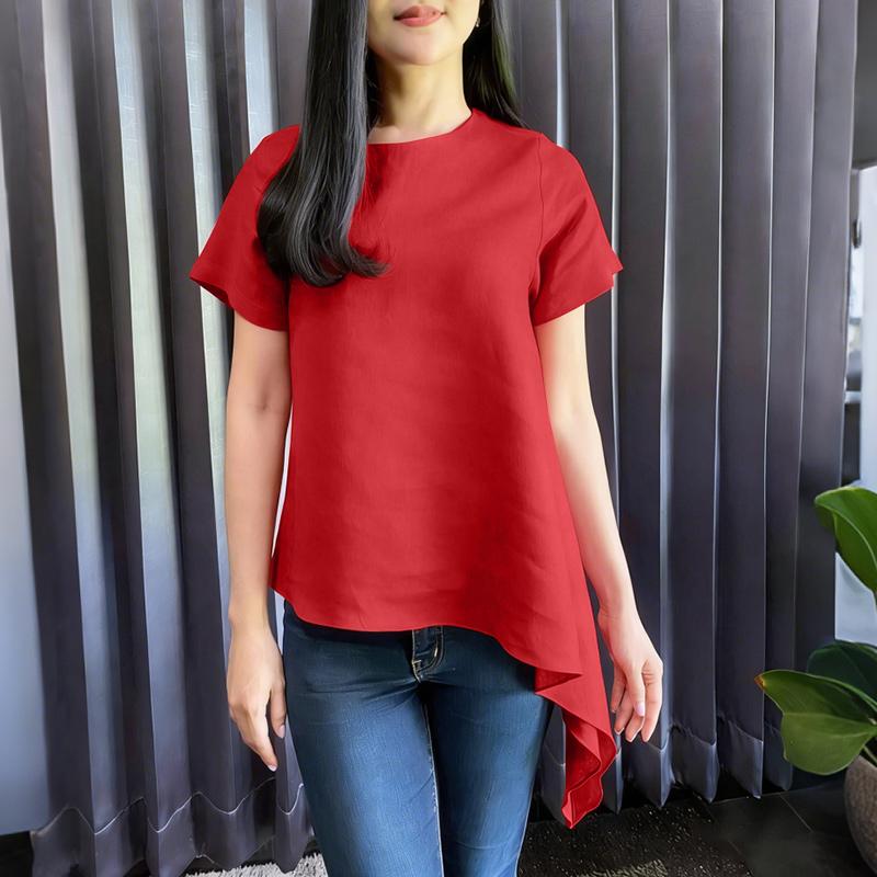 ZANZEA Women Casual Round Neck Short Sleeve Asymmetrical Hem Blouse