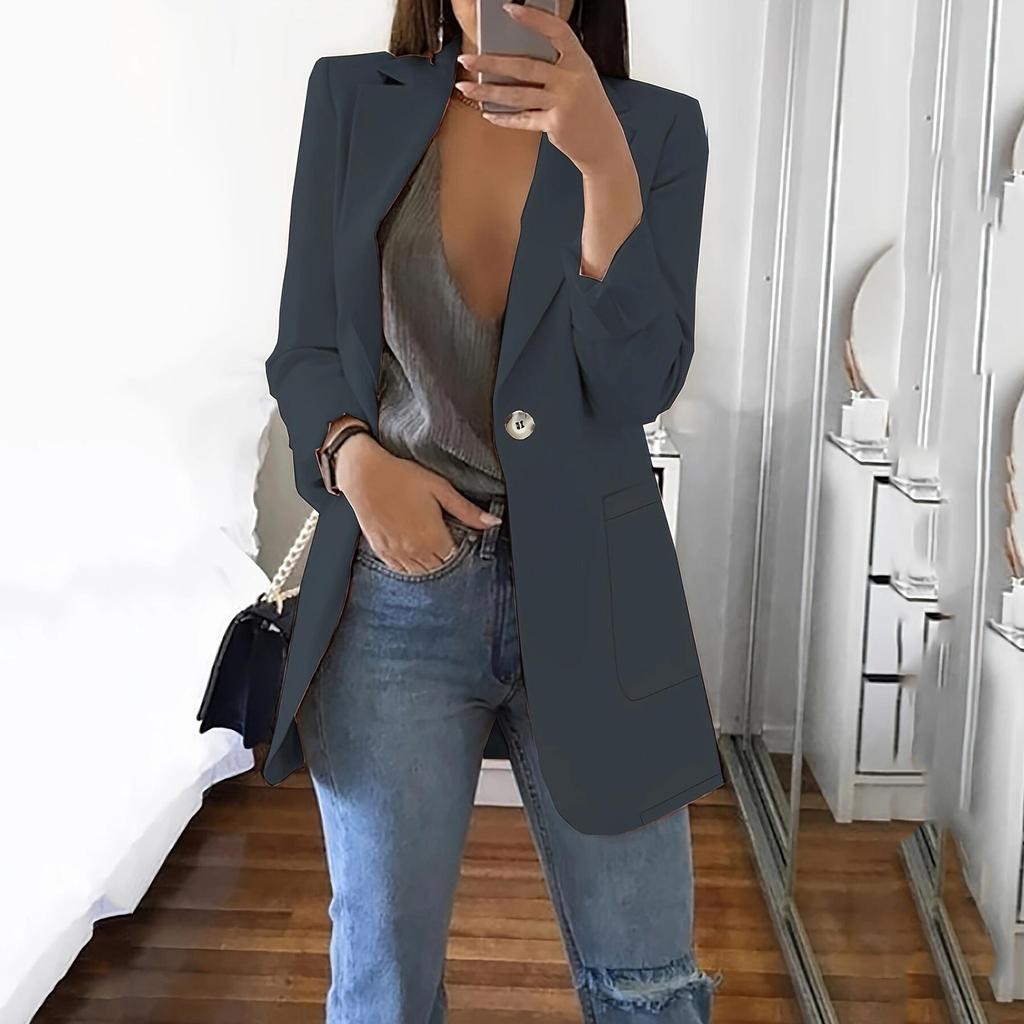 Damen Langarm Einfarbig Anzug Kragen Schlank Strickjacke Einknopf Anzugjacke