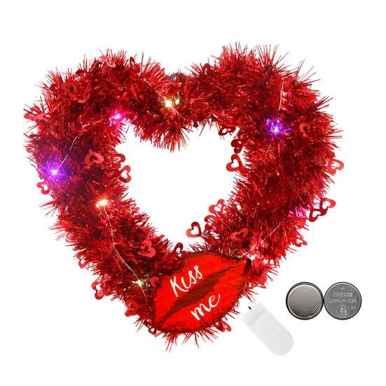 Prelit Valentine's Day Heart Shaped Wreath with String Light Red Tinsel Wreath with Foil Hearts for Wedding Anniversary Front Door Wall Decor