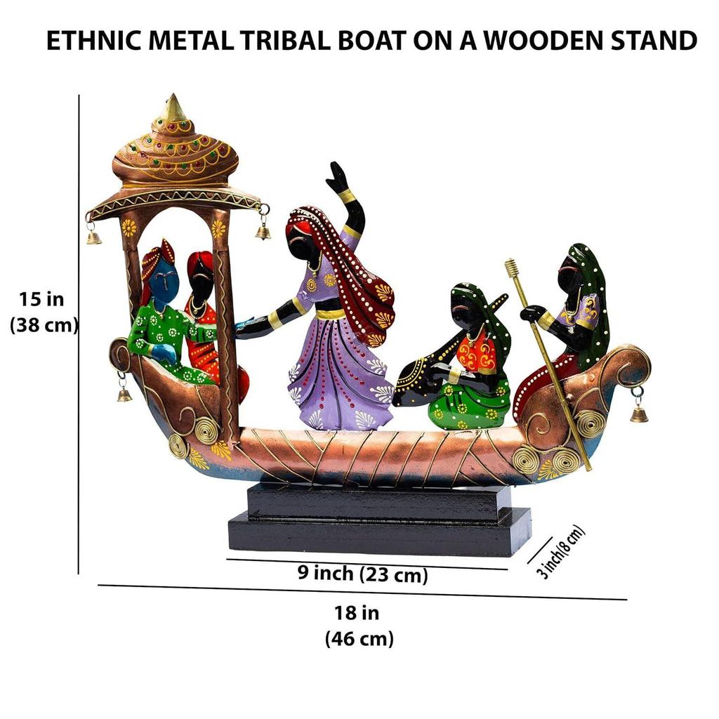 Ethnic Tribal Boat with Dancing Musicians Showpiece - 15x18 Inch Home Décor with Wooden Base - Gift for Housewarming, Festivals, Weddings