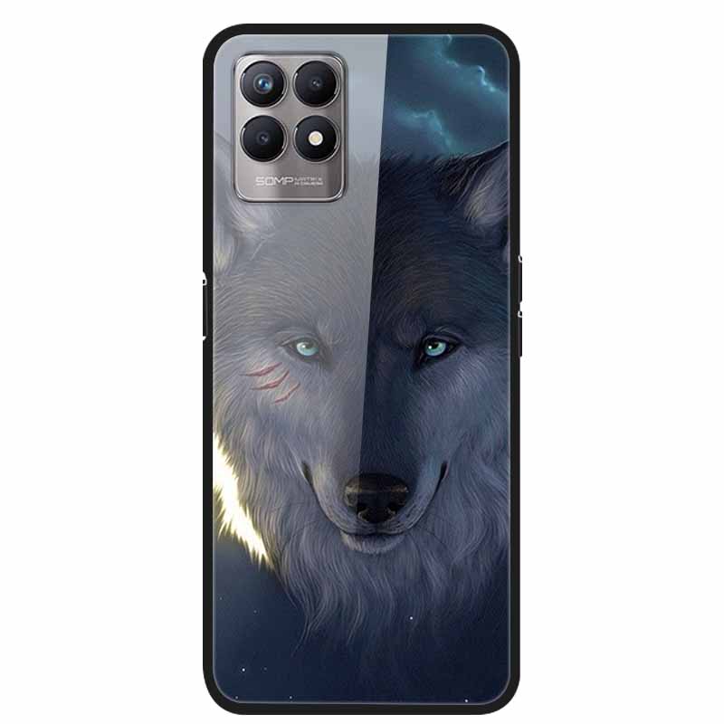 For Realme 8i Case Tempered Glass Hard Clear Phone Case For OPPO Realme 8i RMX3151 Realme 7 Pro Animals Wolf Shockproof Coque