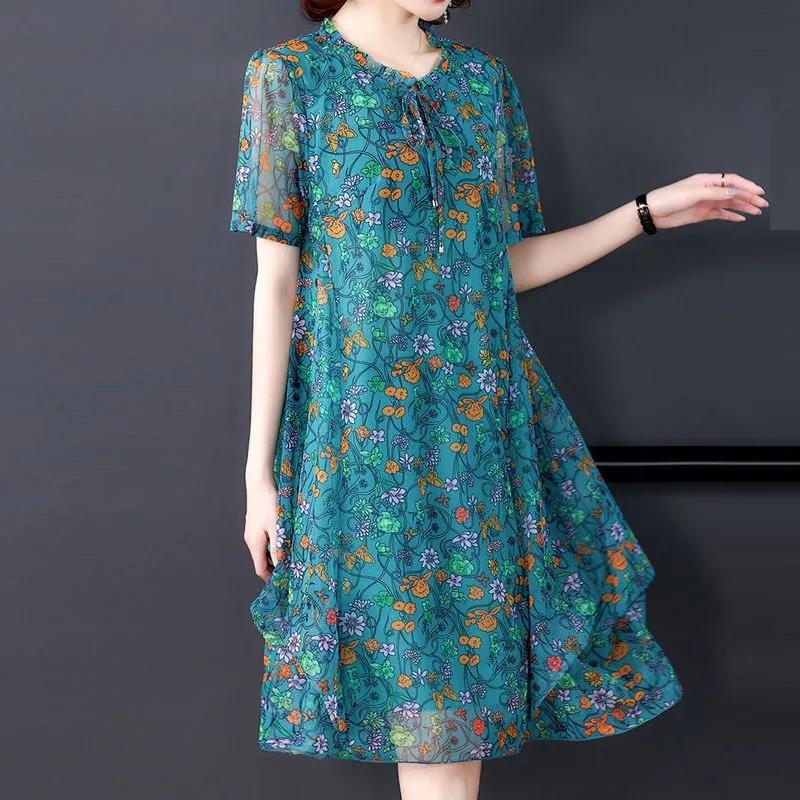 Women's Oversized Dress Printing Round Neck Short Sleeved Loose Mesh Dress Mid Length Simple Commuting Summer