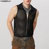 INCERUN Men Zip-up Sleeveless Mesh Sheer Striped See Through Tank Tops