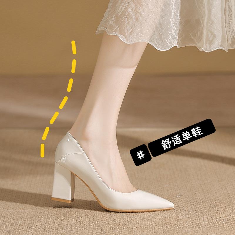 Nude High Heels Spring and Summer New Temperament Pointed Head Light Mouth Commuter Work Shoes Fashion Thick Heel Single Shoes Women