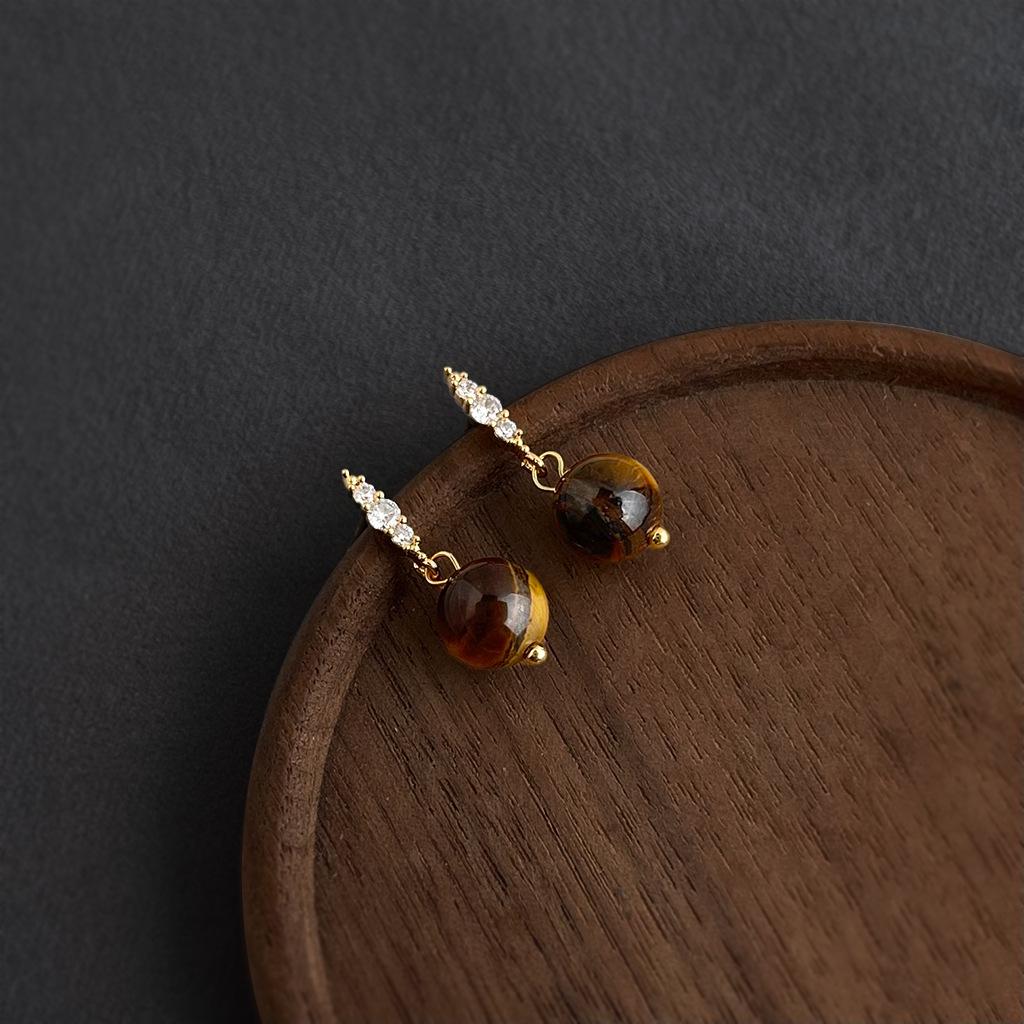 Retro Melaard Tiger's Eye Handmade French Light Luxury Stud Earrings for Women