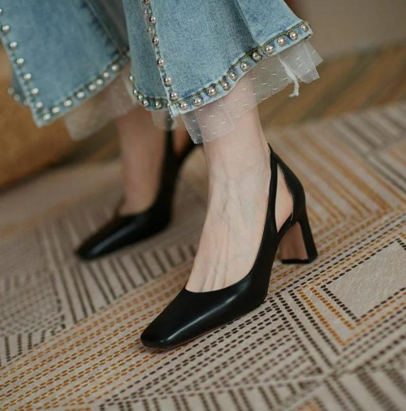Fashion Chunky Heels Normal Leather Casual High Block Heel Nude Ladies Footwear Office Women's Shoes Square Toe Pumps on Heeled 39 Offer