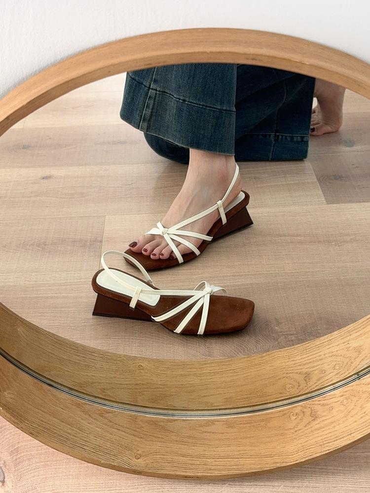 Sheepskin Version~ French Temperament One-word Thin Strap Wedge Sandals Women's Head with Skirt Open-toed High-heeled Roman Sandals
