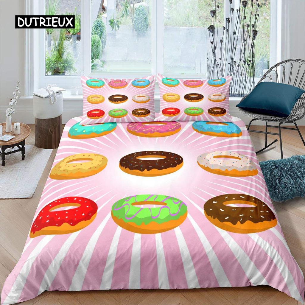 Zestaw Poszwy na Kołdrę Donut Motyw Deserowy Jedzenie Kolorowy Nadruk 2/3 szt. Podwójny Queen King Size Zestaw Pościeli dla Dziecka Dziewczynek