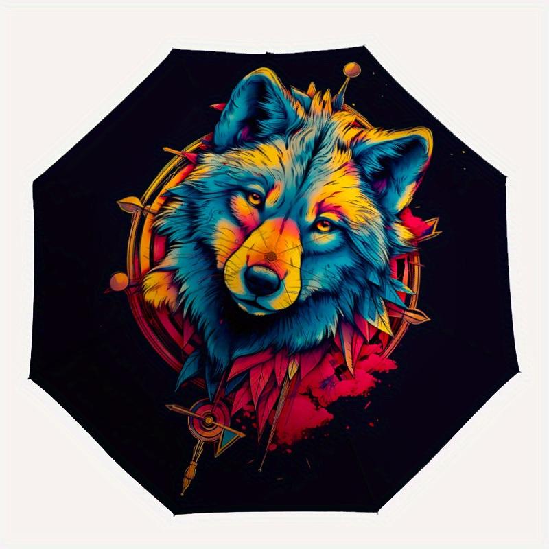 

1pc Wolf Spirit Compact Travel Umbrella, Automatic Folding Lightweight Windproof 8-Bone Reinforced Design, Portable for Backpack Durable Can