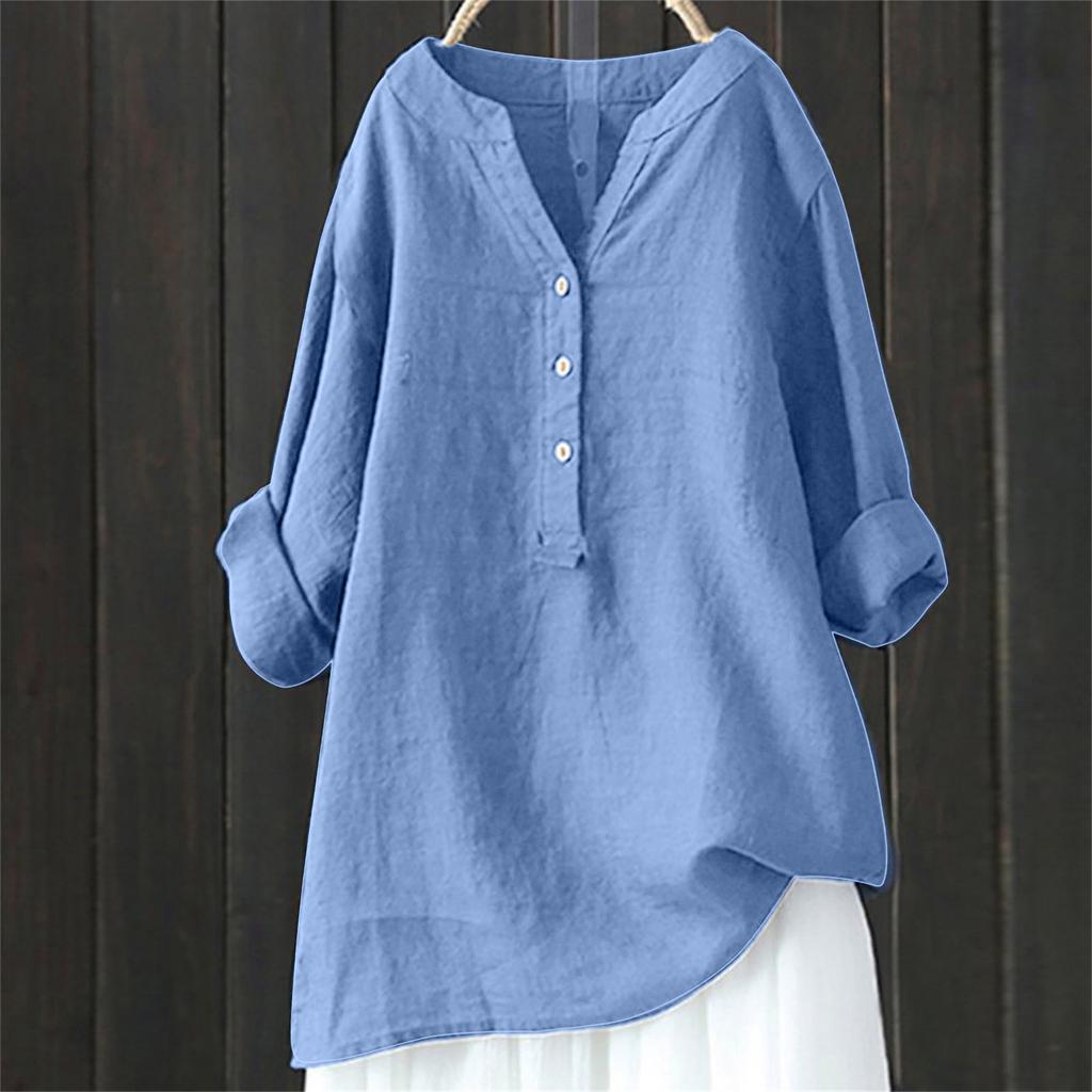 Women Solid Stand Collar Long Sleeve Shirt Casual Loose Blouse Button Down Tops