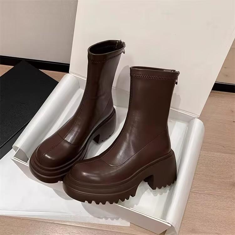 Martin Boots Women's Small Thick-soled Heightening Cm Short Boots Autumn and Winter Elastic Thin Boots High Heel Showing Legs Long Medium Boots