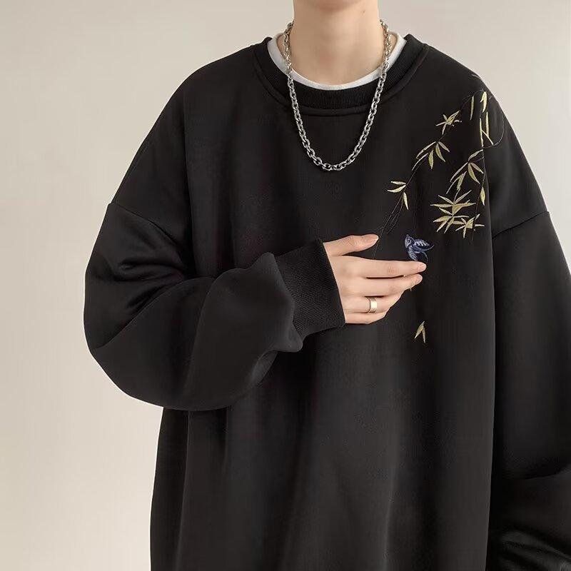 Chinese Bird Print Men Oversized Sweatshirt Fashion Loose Long Sleeve Couple Clothes