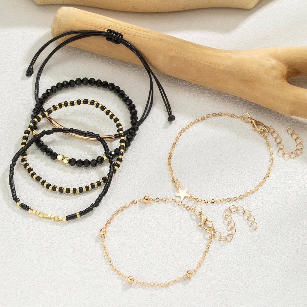 Conjunto de Pulseiras Elásticas com Contas de Cristal e Arroz Personalidade Estrela da Moda Transfronteiriça para Mulheres - 6 Peças