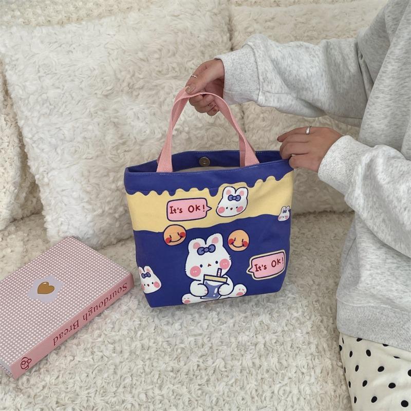 2 Cute Cartoon Printed Handbag Women's Large-capacity Canvas Shopping Bag Hand Carry Work Bento Bag