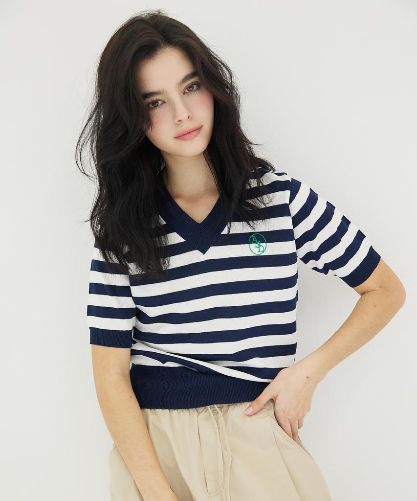 AWESOME STUDIO V-Neck Striped Knit Navy