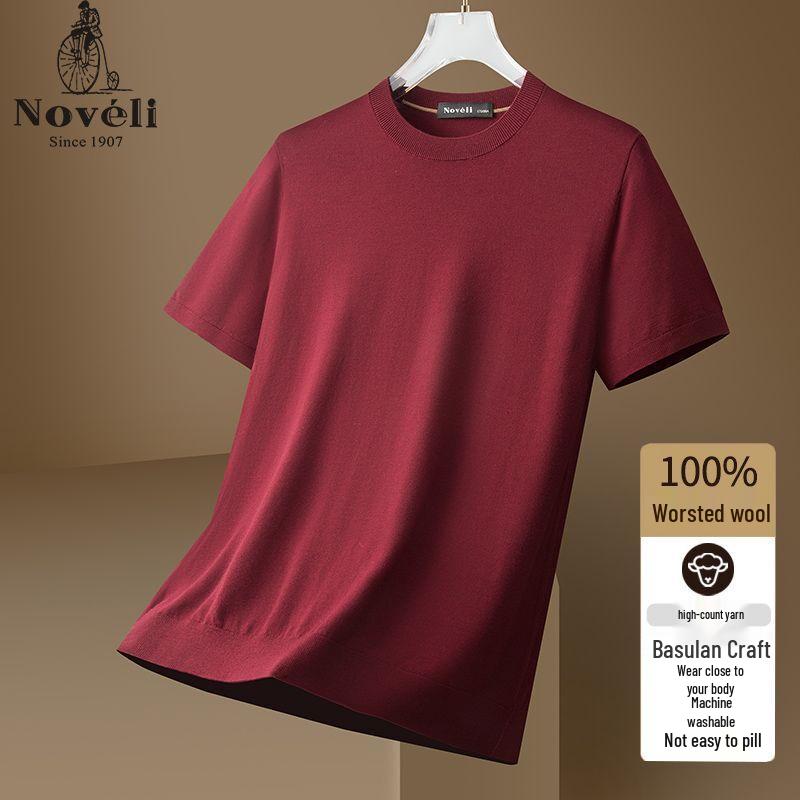 Lanweilong Men s 100% Pure Wool Machine Washable Crew Neck Short Sleeve T-Shirt 190/104A