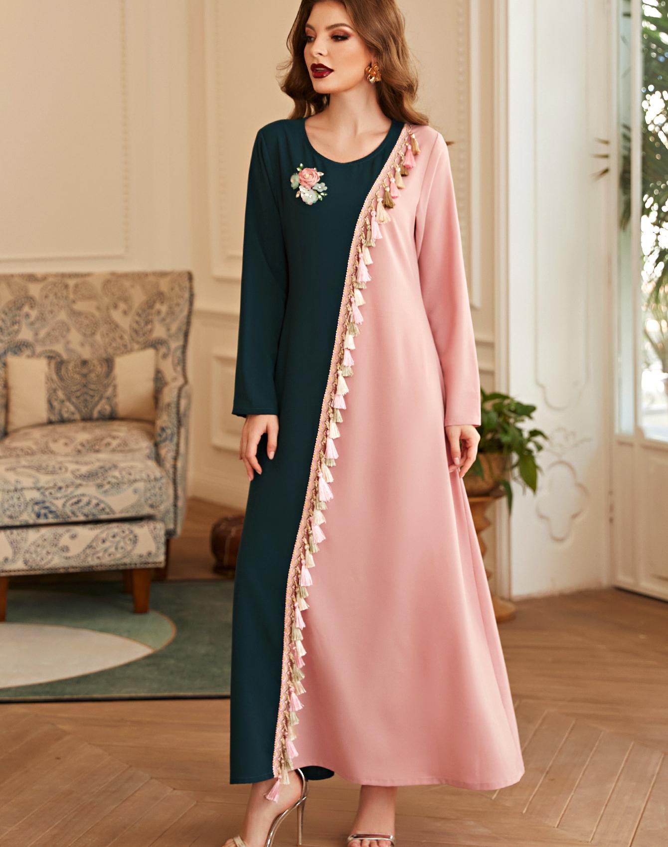 

Женская одежда винтажный зеленый розовый контрастный цвет кисточки ручной работы цветок стразы длинный рукав халат ABAYA M розовый/зелёный