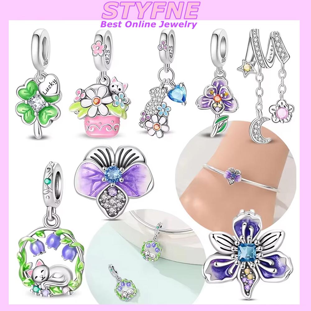 Pendants Woman Original Copper Bead Purple Flower Bellflower Cat Stars Moons Fit Bracelet Women Gift Jewelry Accessory Set