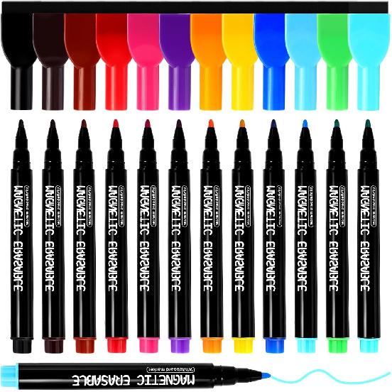 Dry Erase Markers, 12Pcs Colorful Magnetic Whiteboard Markers, 1mm Fine Tip Magnetic Dry Wipe Pens with Eraser Cap, Low Odor Thin Dry Erase Markers