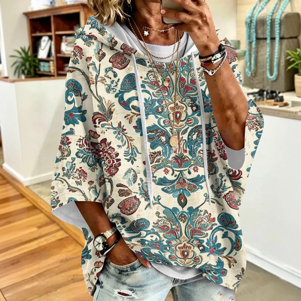 Women's Drawstring Hoodie Retro Floral Print Loose Fit Casual Sweatshirt