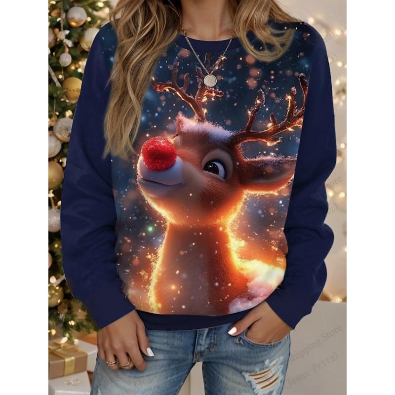 Christmas T-Shirts Fun Reindeer 3D Print Women O-Neck Long Sleeve T Shirt Streetwear Pullover Harajuku Tees Female Tops Clothing