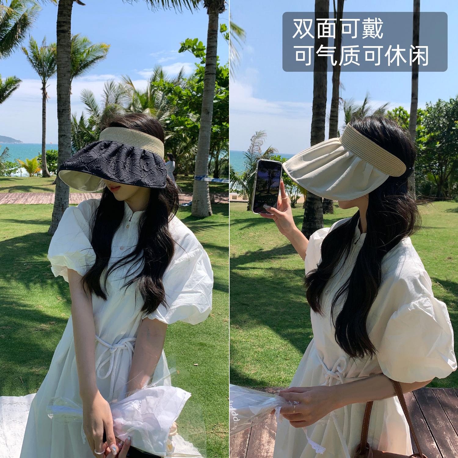 

Pleated texture summer sunscreen visor children s double-sided straw contrasting color empty top hat portable folding sun hat Adult (56-58cm) чорний