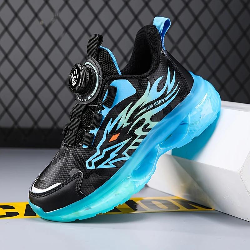 Boys' Rotary Buckle Low Top Sneakers with Striped Pattern, PU Upper, Fabric Inner, EVA Sole, Breathable Insole for Running
