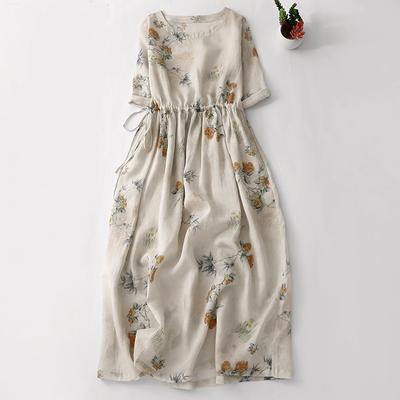 Summer New Loose Women's Printed Medium To Long Short Sleeved Dress