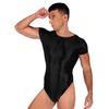 Mens Solid Color Short Sleeve Leotard Glossy Round Neck High Cut Bodysuit Swimwear Sportswear