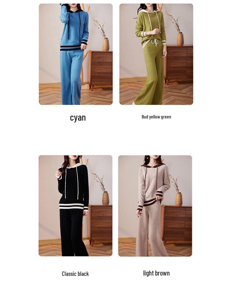 Women's Casual Color Block Hooded Wool Knit Sweatshirt & Long Pants Set - New Autumn Slimming Versatile Two-Piece