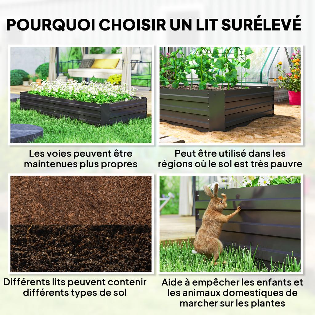 Raised Garden Bed Rectangular Planter In Galvanised Steel Supports for Tomatoes and Climbing Plants 180 X 90 X 29.5 Cm