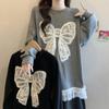 Plus Size Crocheted Lace Round Neck Slimming Long Sleeve Women's Autumn/Winter Bow Loose Mid-Length Top