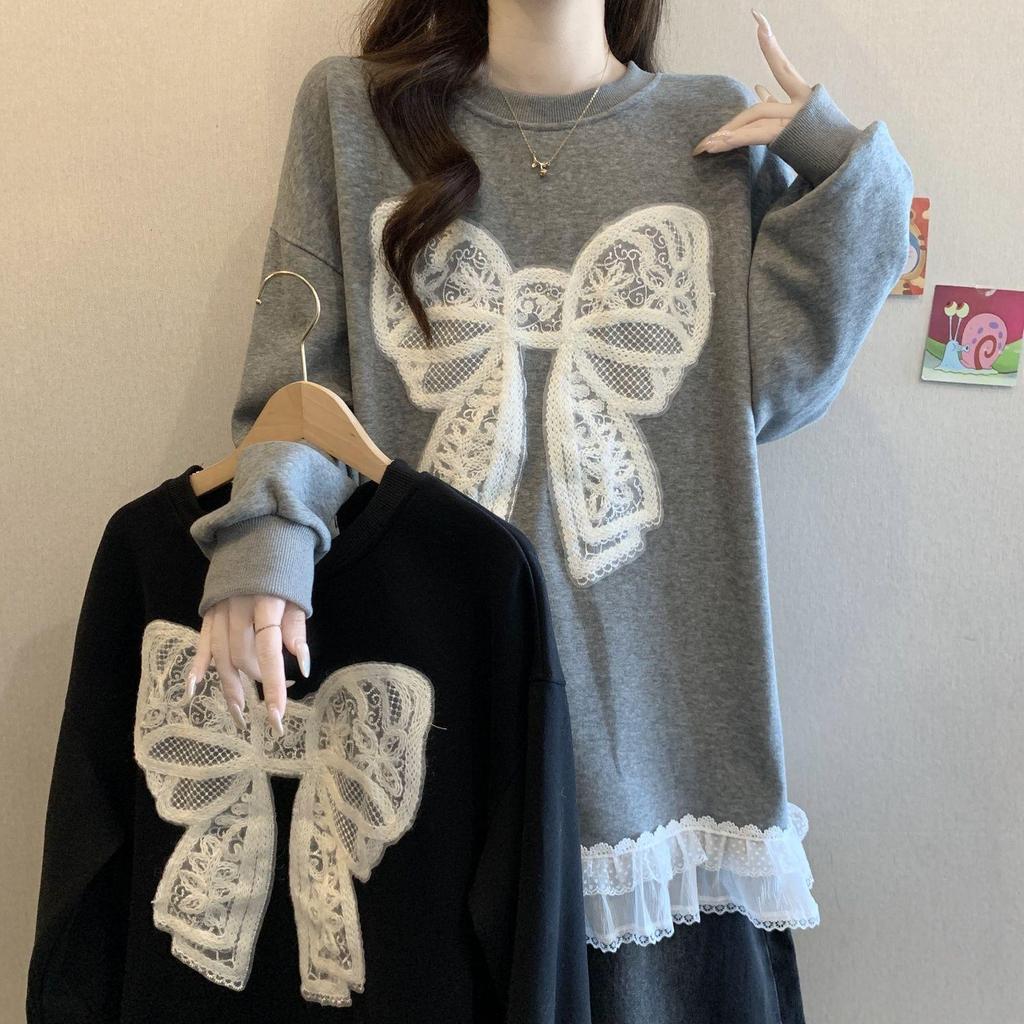 Plus Size Crocheted Lace Round Neck Slimming Long Sleeve Women's Autumn/Winter Bow Loose Mid-Length Top