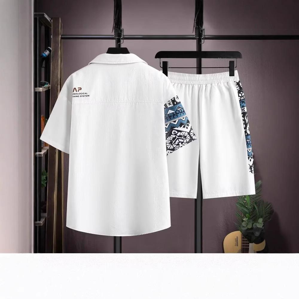 Summer Loose Fit Ort Sve Irt Set for Plump Men Lightweight Faionable Two-Piece Polyester Blend Elastic Fiber Silk Si