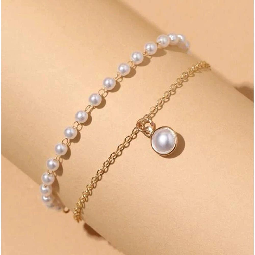 Vintage Double Layered Imitation Pearl Beaded Bracelet for Women Ethnic Link Chain Wrap Bangle Bracelet Jewelry Gifts