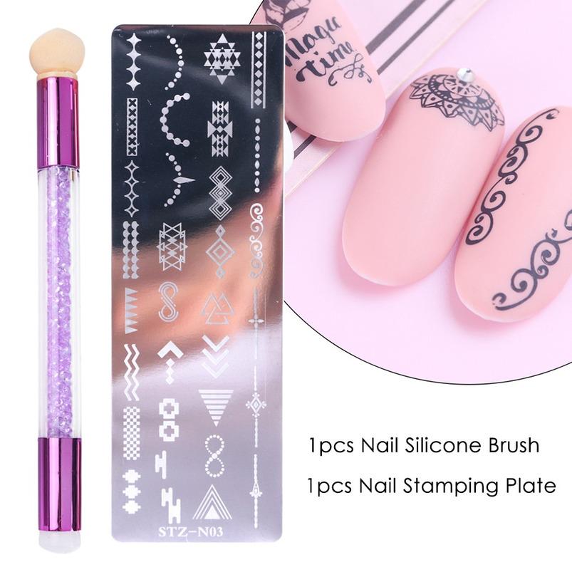 Nail Stamping Plates Set Silicone Sponge Brush Polish Transfer Stencils Flower Butterfly Geometry Template Nail Tool