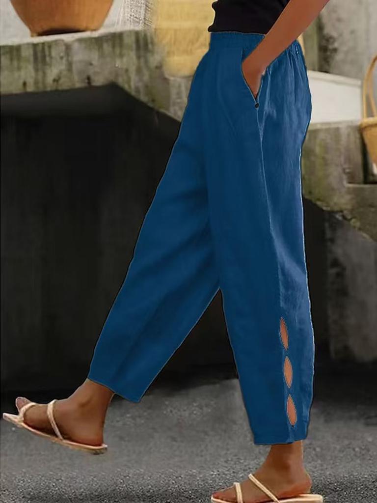 Spring Autumn New Women's Cotton Linen Solid Color Fashion Casual Daily Side Pocket Pants Hollow Button Long Pants
