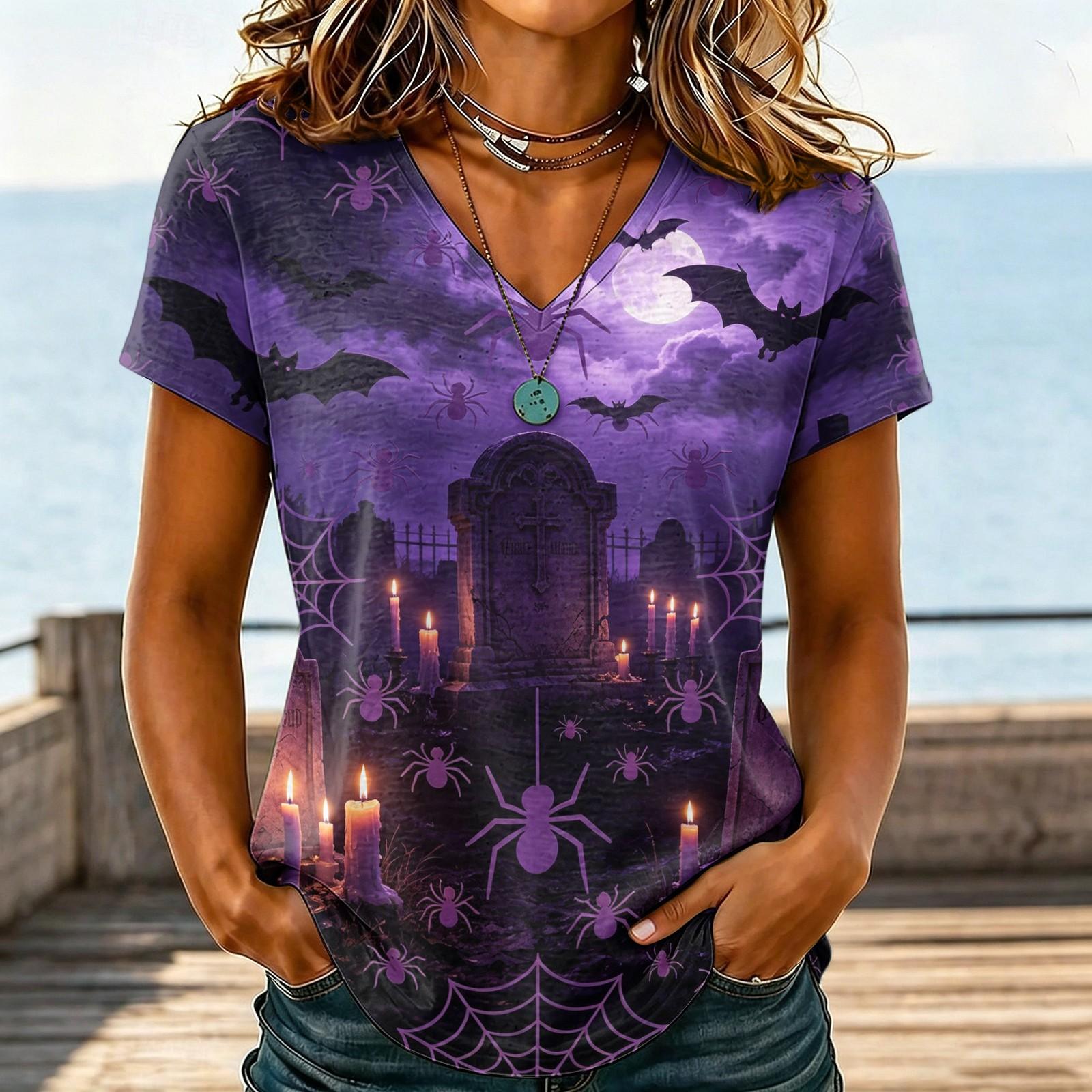 Women s Casual V-Neck Halloween Printed T-Shirt for Holiday Party and Everyday Wear M