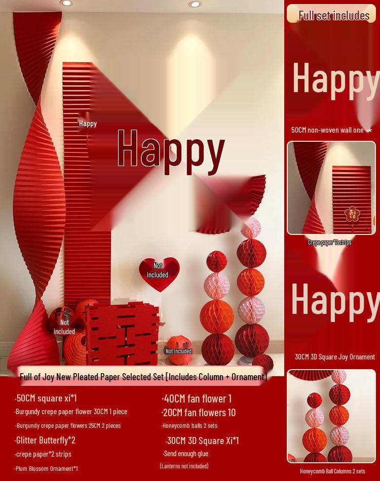 Wedding Room Decoration Set with Bride and Groom Double Happiness Stickers