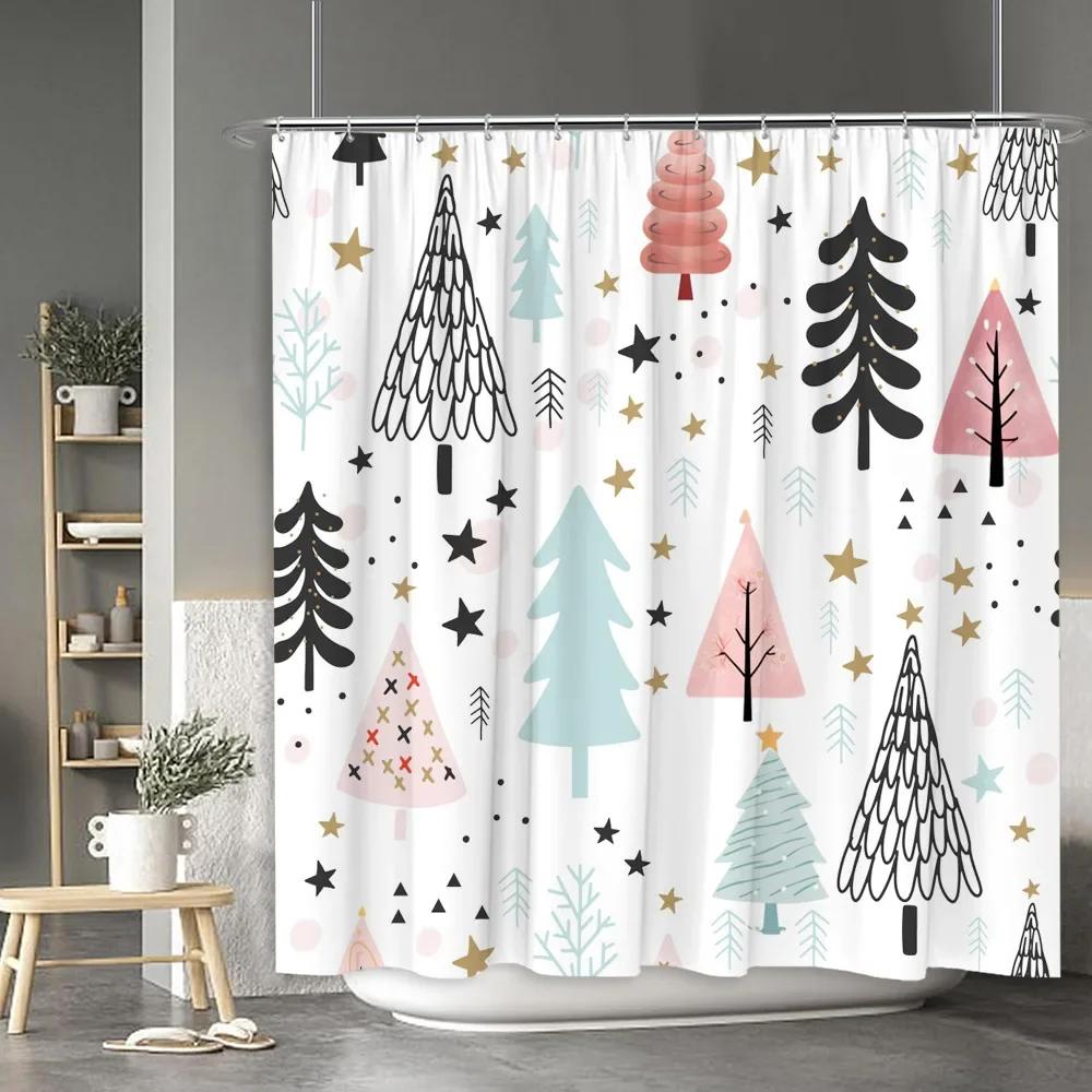 Christmas Shower Curtain Santa Claus Snowman Moose Cartoon Christmas Tree Winter Home Polyester Fabric Bathroom Decor Curtains