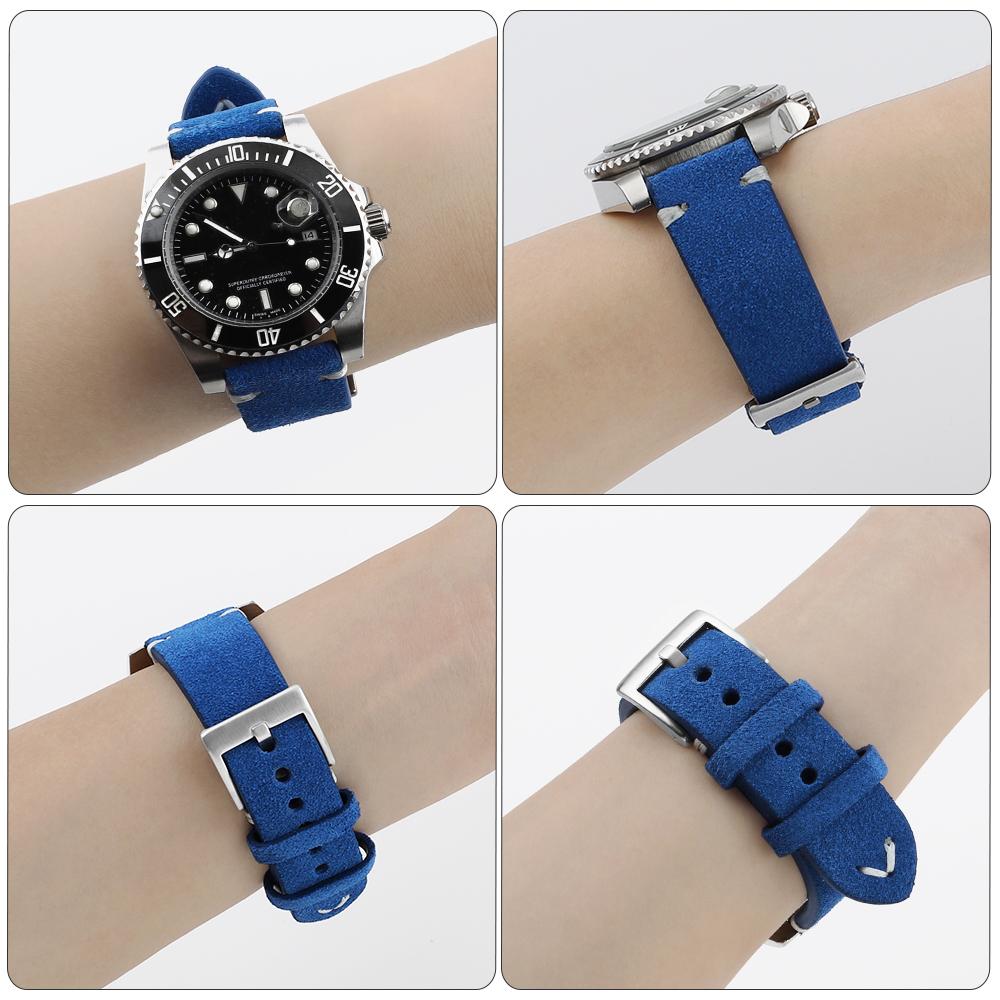 Wildleder Echtes Leder Uhrenarmband 20mm 22mm Vintage Handgenähtes Armband Grau Blau Schnellverschluss Uhrenarmband Zubehör