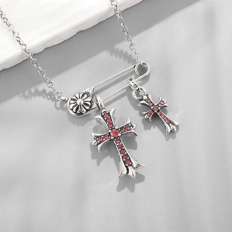 Kroxin Guld & Silver Vintage Kors Hänghalsband med Diamantbrosch - Hip Hop Trendig Par Kedja